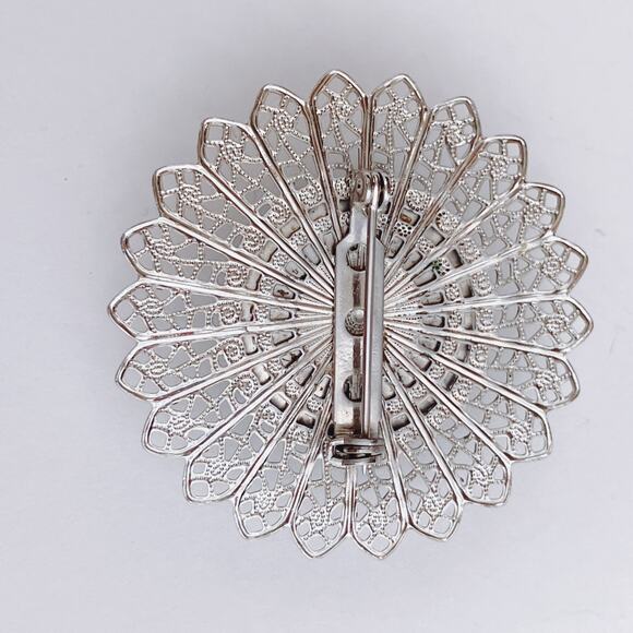 Mid Century Filigree Brooch Silver Tone Domed Blue Glass Cabochon Floral Pin - Picture 8 of 9